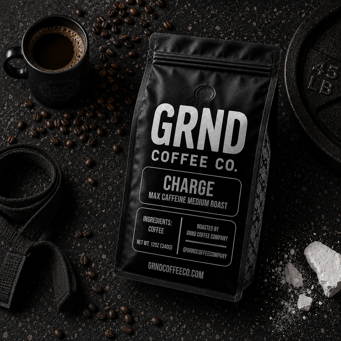 GRND coffee bag and mug with workout weights, flat lay