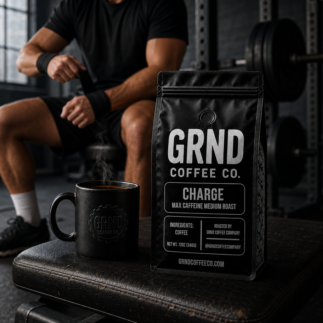 GRND coffee with wrist wraps on a gym bench before training