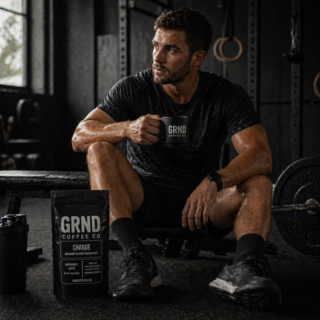 Athlete seated and focused before competition with GRND coffee