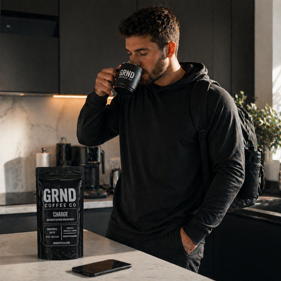 GRND coffee and a gym backpack in the kitchen for an all-day training schedule