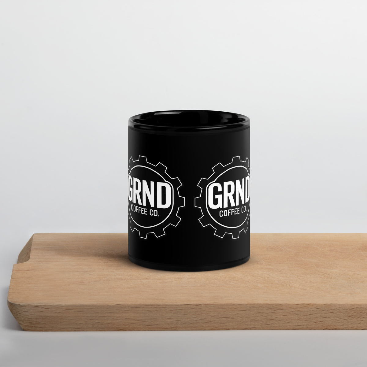 GRND Coffee black glossy mug, 11 oz, front view