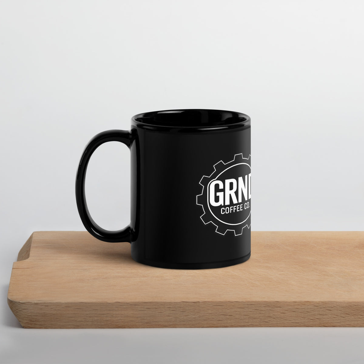 GRND Coffee black glossy mug, 11 oz, handle-left view