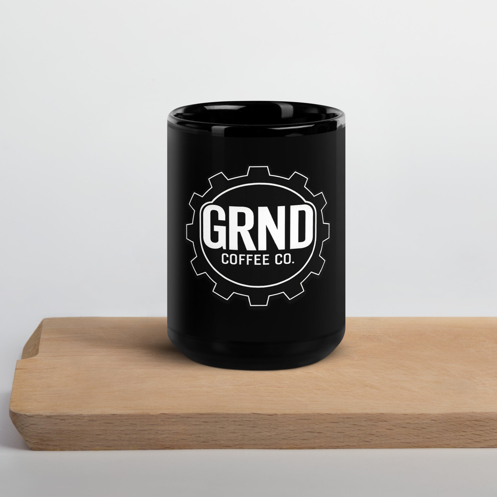 GRND Coffee black glossy mug, 15 oz, front view