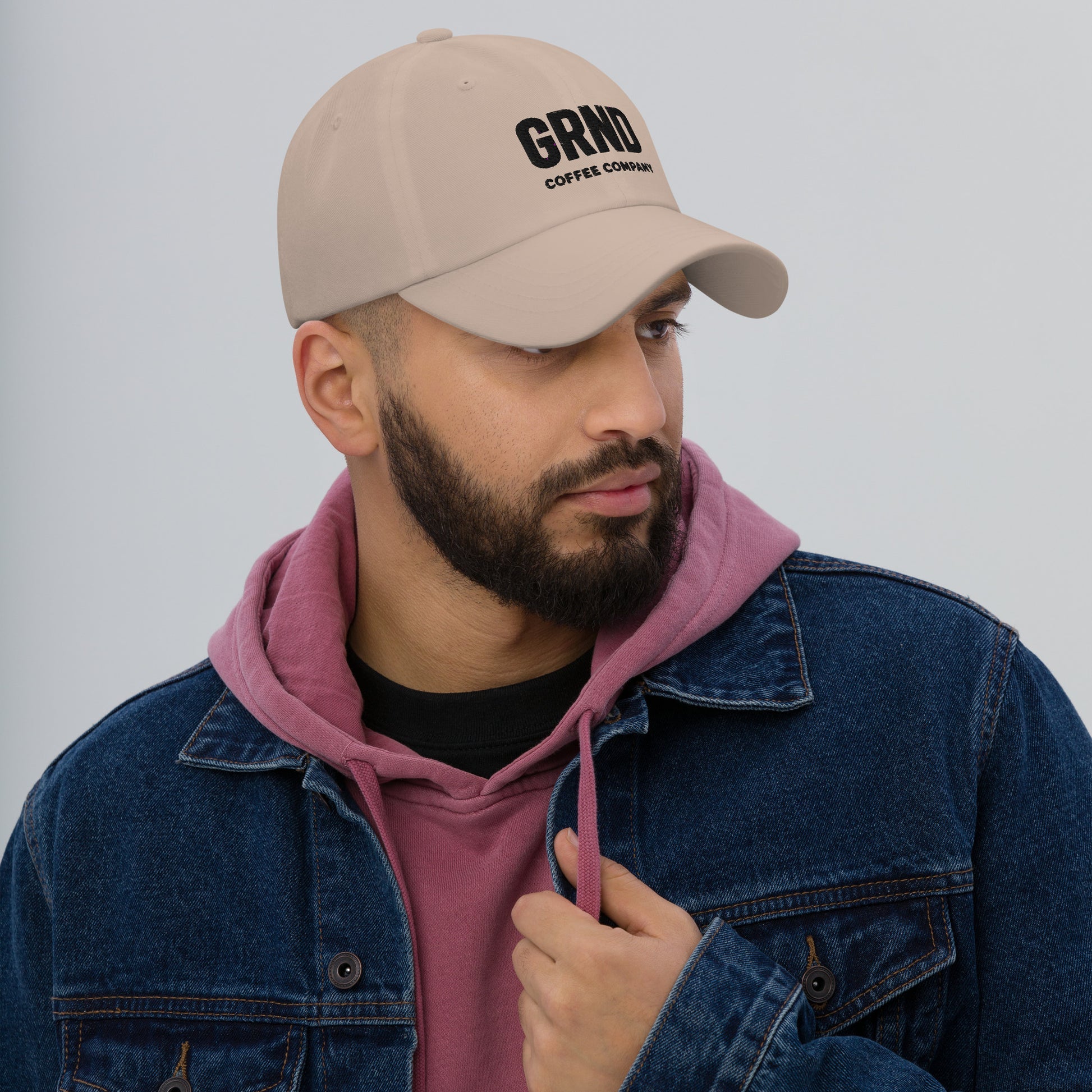 GRND classic dad hat in stone, right-front view