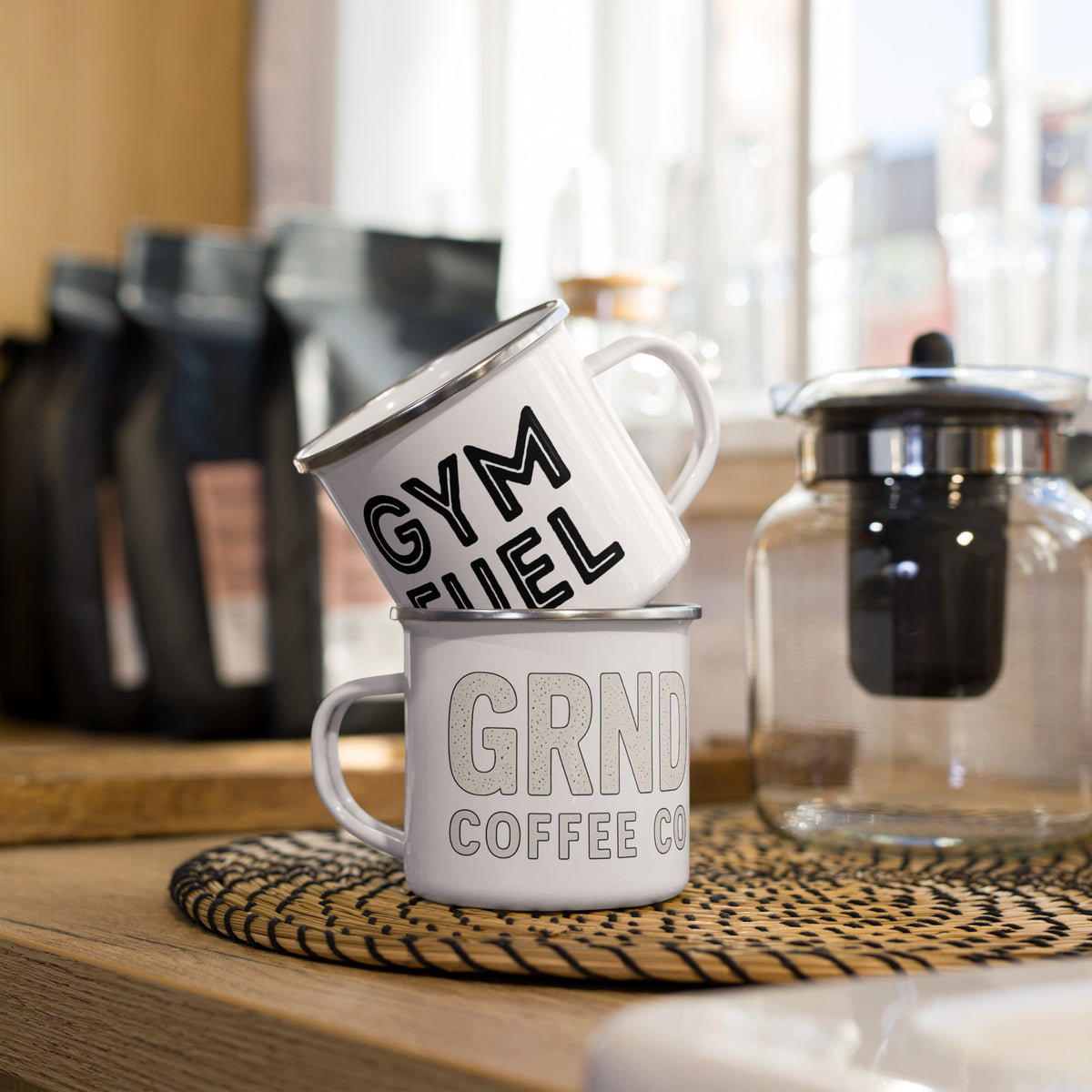 GRND 12 oz white enamel coffee mug, front view