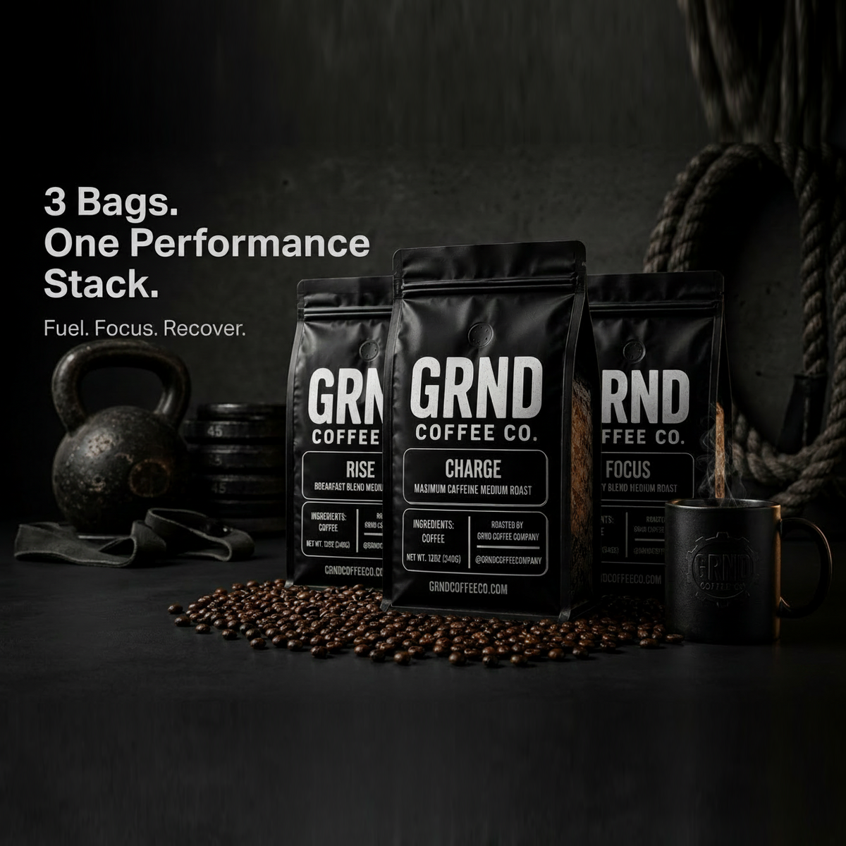 GRND 3-Bag Performance Stack with RISE, CHARGE, and FOCUS coffee