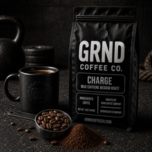 GRND Coffee CHARGE bag with medium roast whole beans, ground coffee and brewed coffee