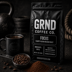 GRND FOCUS medium roast coffee with beans grounds and brewed coffee