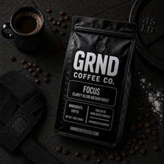 GRND FOCUS medium roast coffee overhead gym flat lay