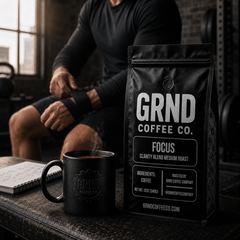 GRND FOCUS medium roast coffee on a focused training bench