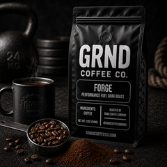 GRND FORGE dark roast coffee with beans grounds and brewed coffee