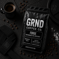 GRND FORGE dark roast coffee overhead gym flat lay