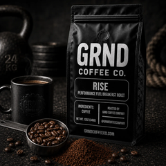 GRND RISE breakfast roast coffee with beans grounds and brewed coffee