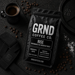 GRND RISE breakfast roast coffee overhead gym flat lay