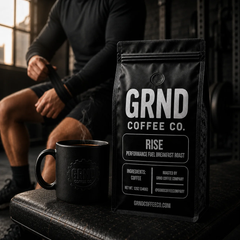 GRND RISE breakfast roast coffee on a training bench at dawn
