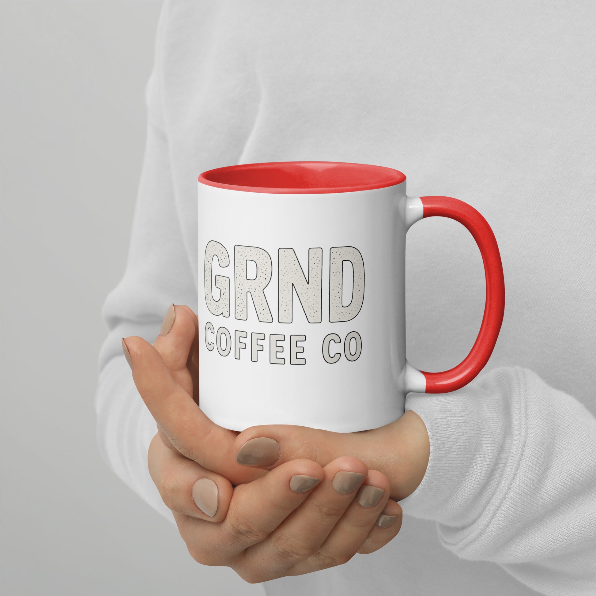GRND 11 oz coffee mug with red interior, right-side view